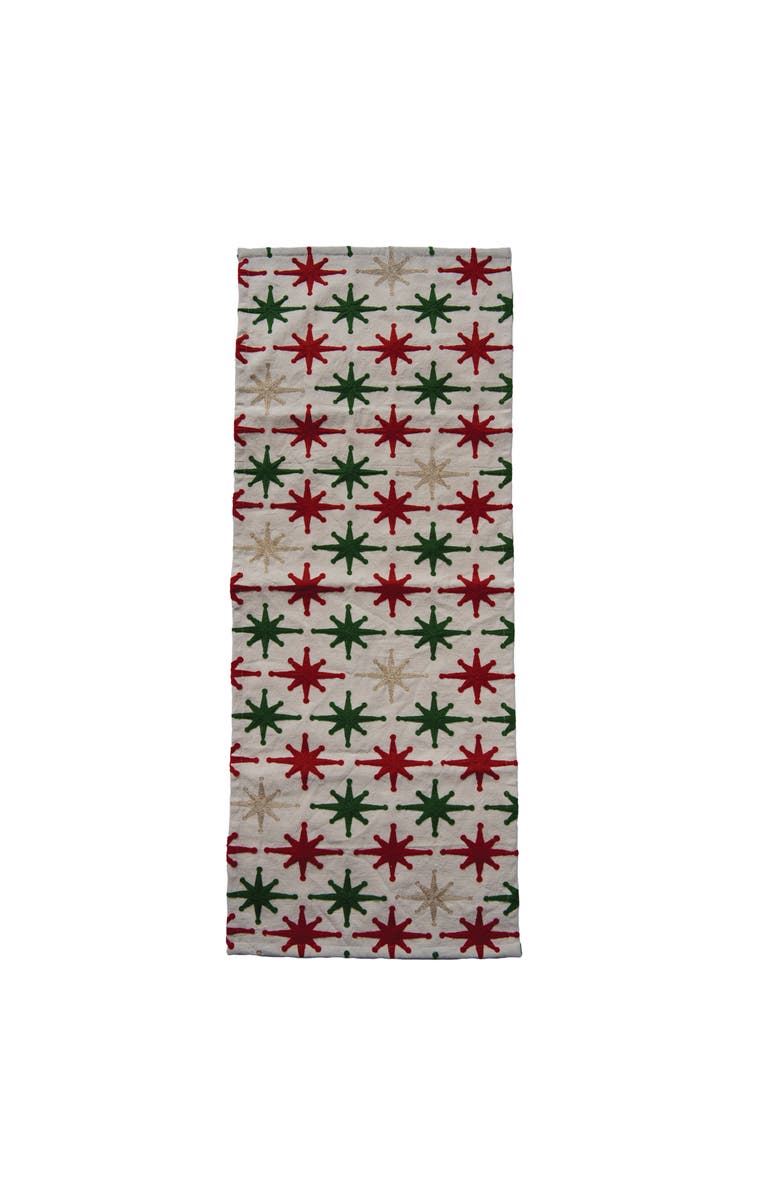Storied Home Table Runner with Embroidered Stars, Pom Poms and Metallic Thread, Natural, Red and Green, Main, color, Red