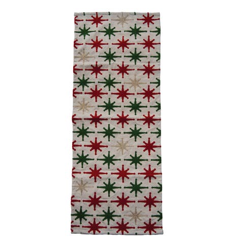 Table Runner with Embroidered Stars, Pom Poms and Metallic Thread, Natural, Red and Green