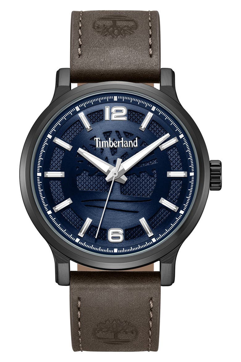 Driscoll Leather Strap Watch, 43mm, Main, color, BLUE/ DARK BROWN
