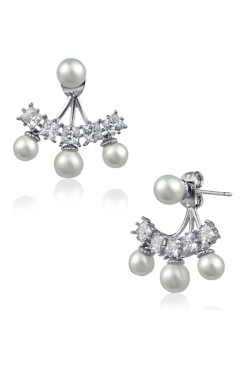 Imitation Pearl & Square CZ Front & Back Stud Earrings, Main, color, WHITE/CLEAR/SILVER