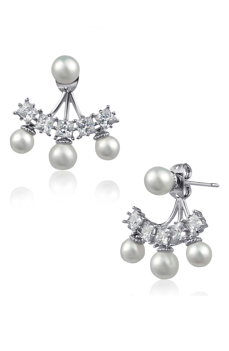 CZ by Kenneth Jay Lane Imitation Pearl & Square CZ Front & Back Stud Earrings, Main, color,