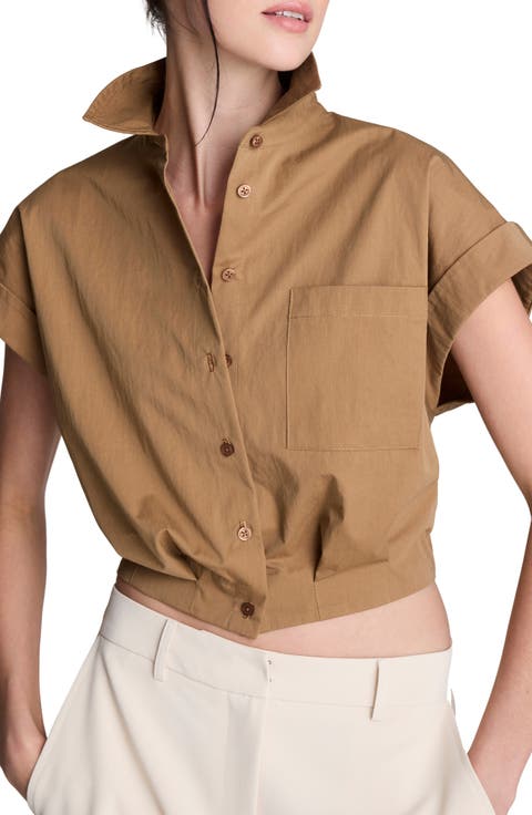 Cap Sleeve Crop Button-Up Shirt