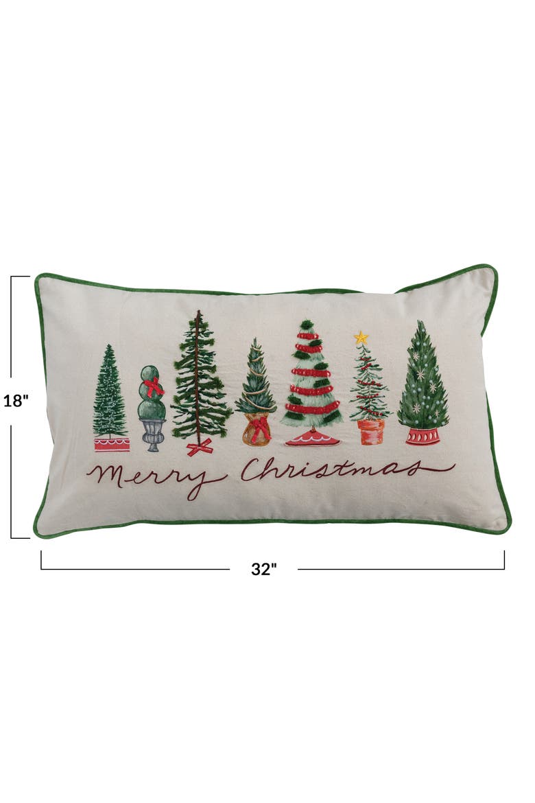 Printed Lumbar Pillow with Piping, Embroidery, and Trees "Merry Christmas", Alternate, color, Multicolor