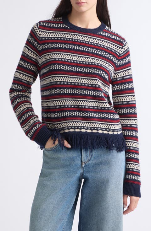 Western Stripe Fringe Crewneck Sweater