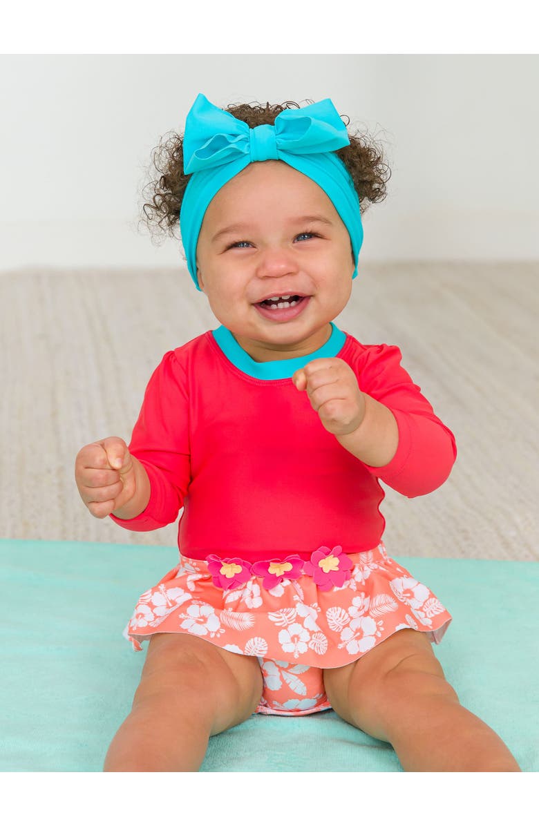 RuffleButts Baby Girls UPF50+ Sun Protected Long Sleeve Flower Skirted One Piece, Alternate, color, Island Princess