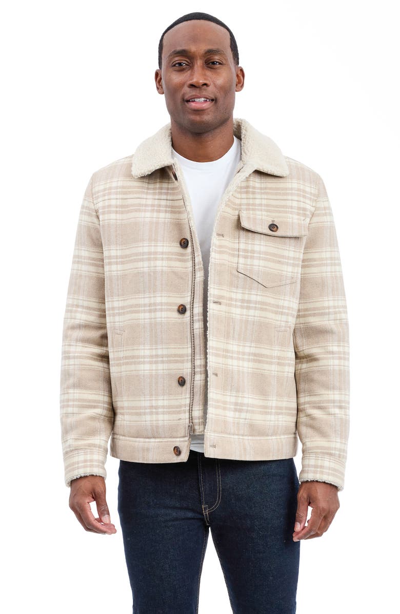 Lucky Brand Plaid Faux Shearling Lined Trucker Jacket, Alternate, color, Beige Plaid