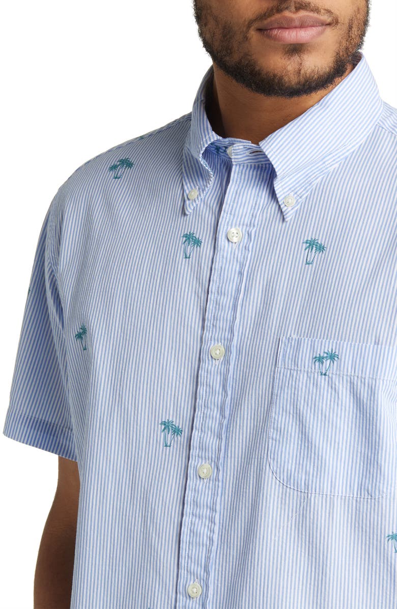 Brooks Brothers Regent Fit Seersucker Stripe Short Sleeve Button-Down Shirt, Alternate, color, Blue Stripe Palm