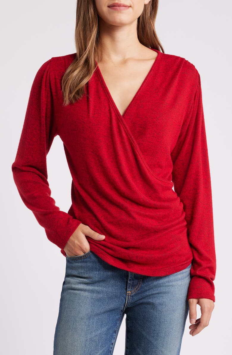 Loveappella Long Sleeve Faux Wrap Top, Main, color, Red