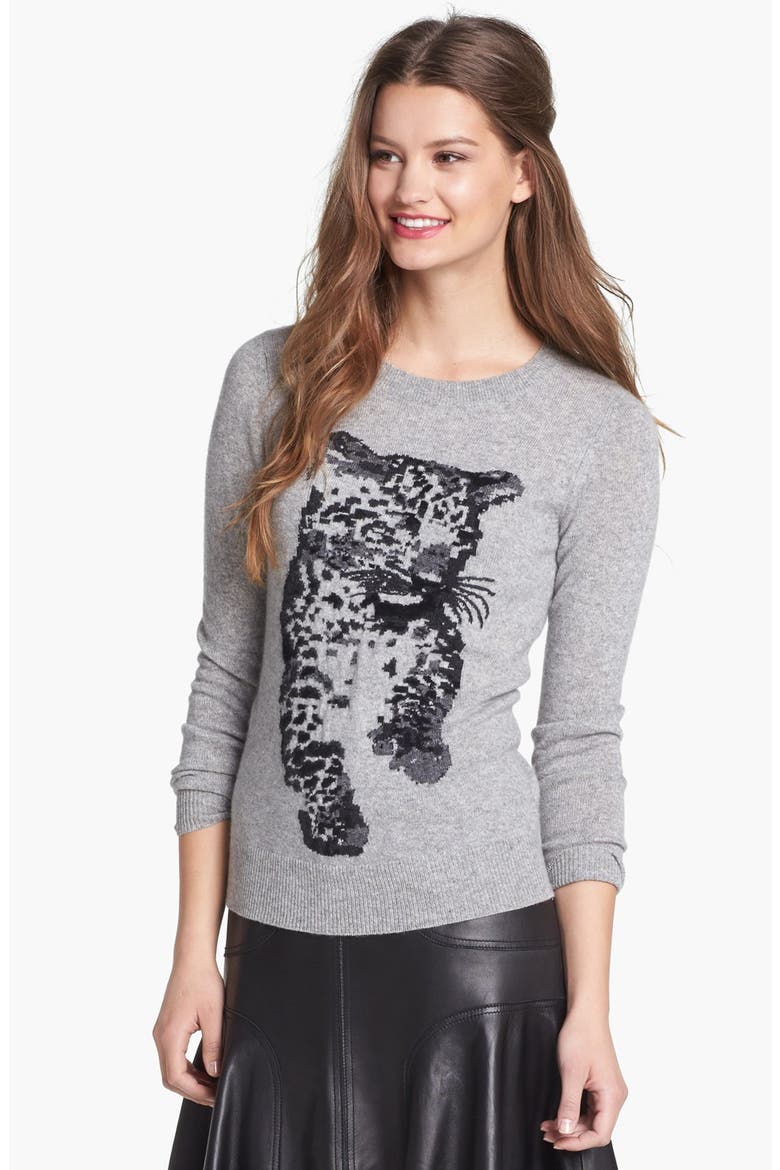 Cashmere Blend Crewneck Sweater, Alternate, color, CHEETAH GREY COMBO