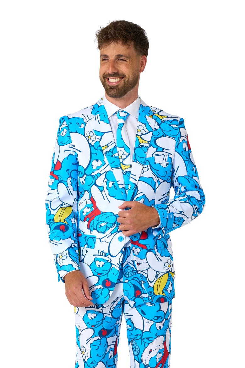 x The Smurfs Slim Fit Two-Piece Suit & Tie Set, Alternate, color, BLUE MULTI