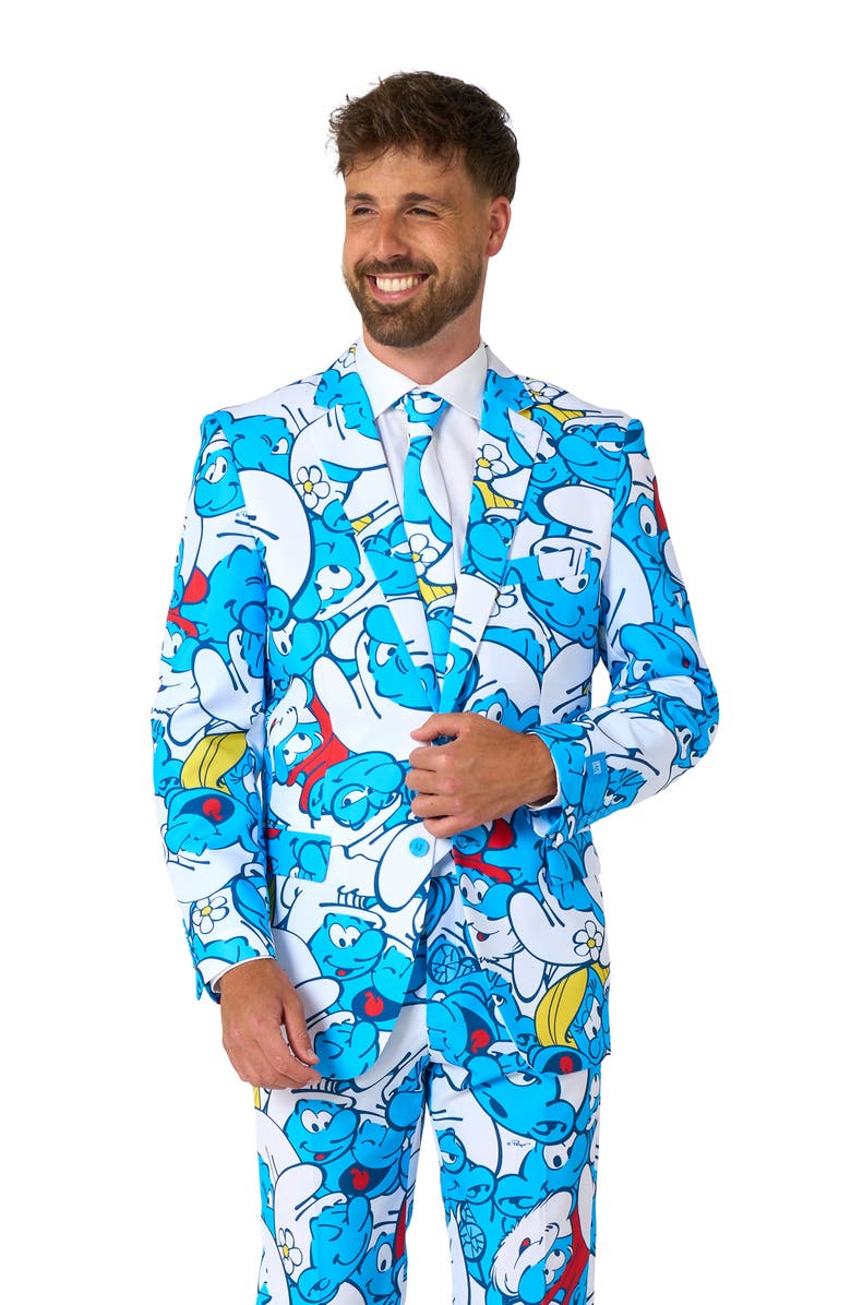 OppoSuits x The Smurfs Slim Fit Two-Piece Suit & Tie Set, Alternate, color, Blue Multi