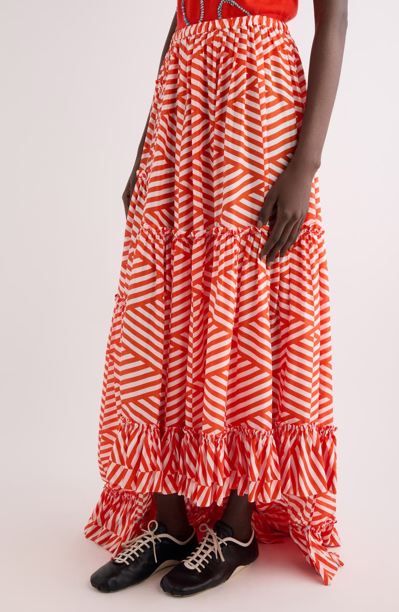 Dries Van Noten Sunia Washed Silk Mousseline Asymmetric Maxi Skirt, Alternate, color, Ecru/ Red
