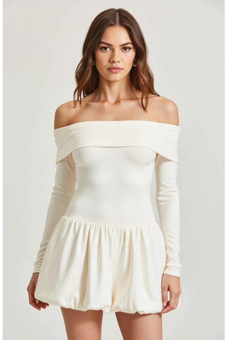 Off-Shoulder Long-Sleeve Mini Dress with Bubble Hem, Main, color, White / Off-White