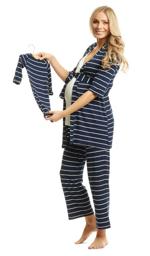 Everly Grey Analise During & After 5-piece Maternity/nursing Sleep Set For Mom & Baby In Blue