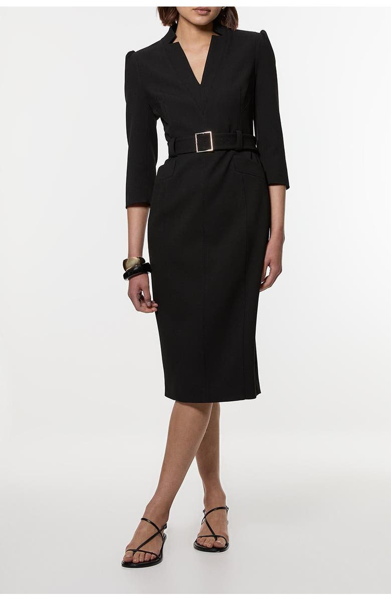 Karen Millen 3/4 Sleeve Belted Midi Dress, Alternate, color, Black