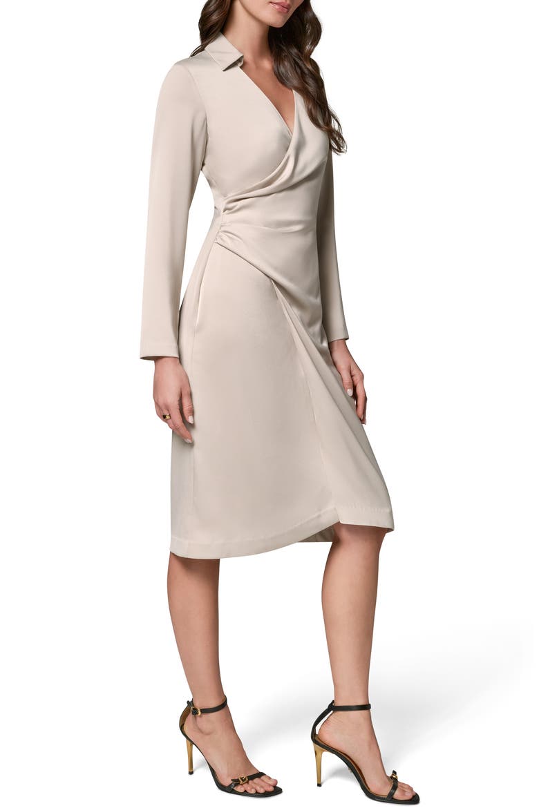 Long Sleeve Faux Wrap Satin Dress, Alternate, color, TUSCAN GRE