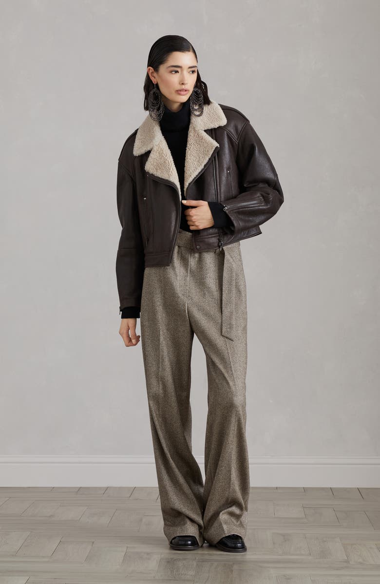 Brunello Cucinelli Waxed shearling biker jacket, Alternate, color, 