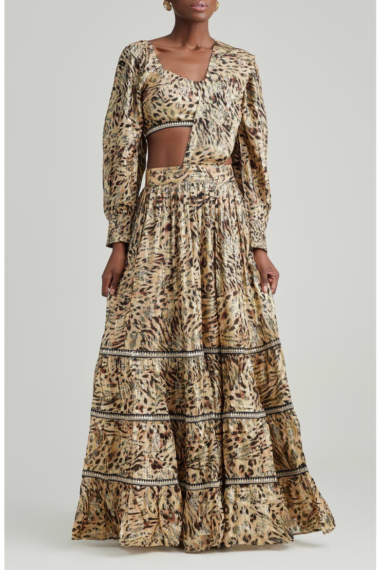Kiara Metallic Leopard Print Lehenga Set, Main, color, BROWN