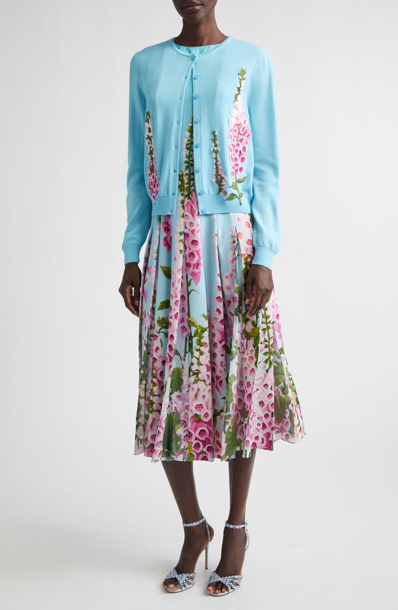 Oscar de la Renta Foxglove Dégradé Pleated Jersey & Chiffon A-Line Dress, Alternate, color, Lilac/ Sky