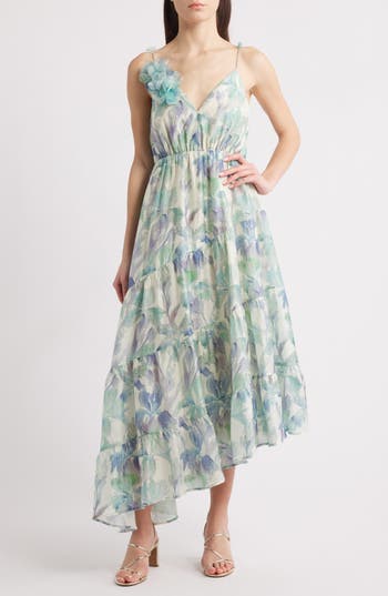 Lucy Paris Moret Floral Asymmetric Hem Dress In Blue