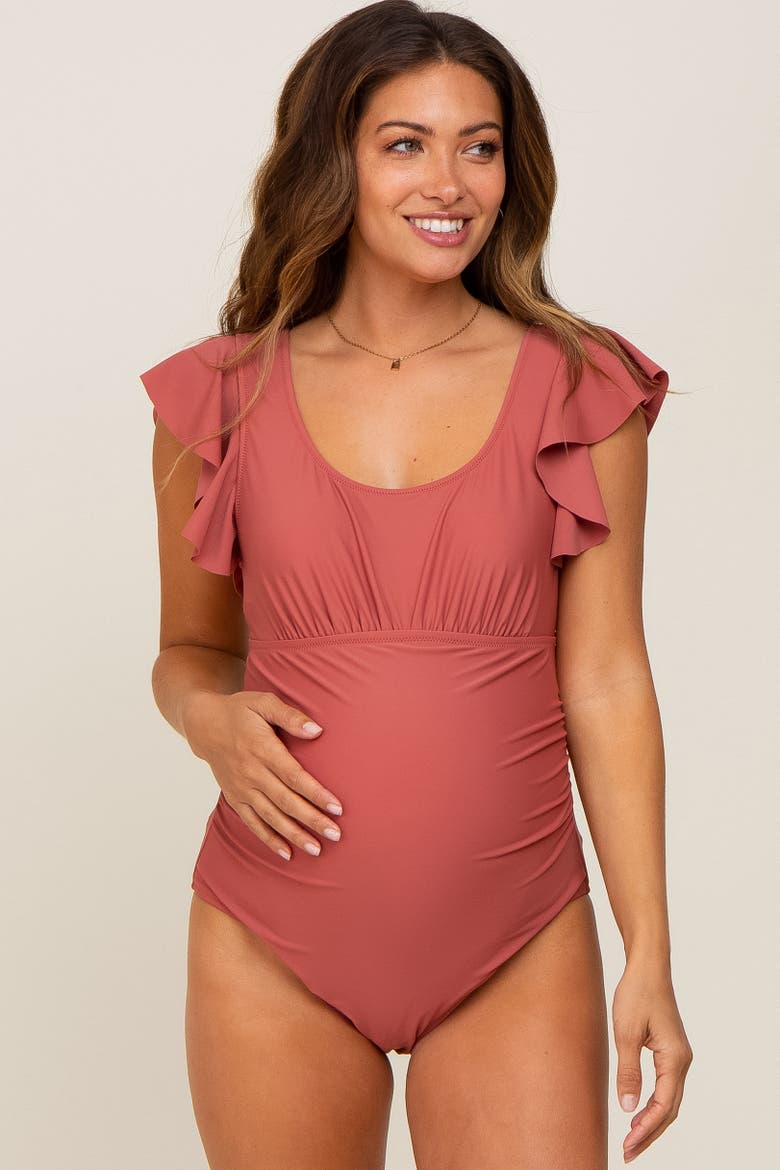 Ruffle Shoulder Pleated Side One Piece Swimsuit, Main, color, Rust