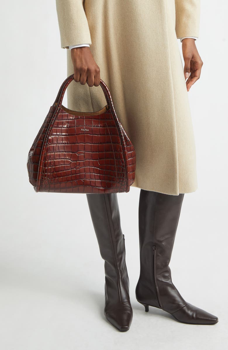 Max Mara Small Marine Croc Embossed Leather Tote, Alternate, color, Brown