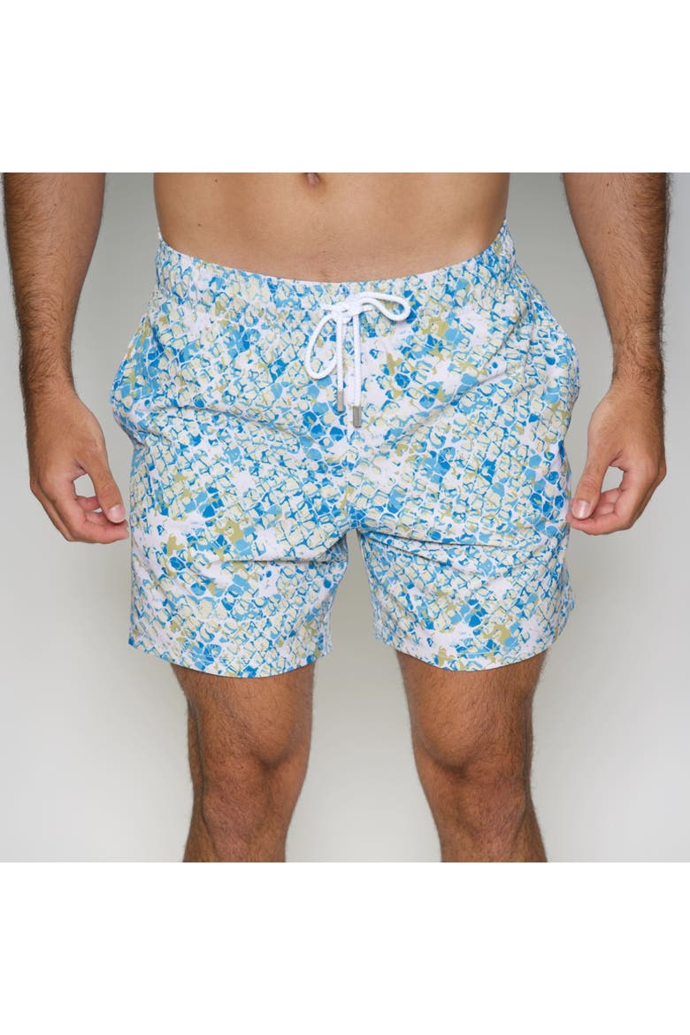 4.25" Le Club Eco-Friendly 4 Way Stretch Men's Swim Trunks, Main, color, White with snake print