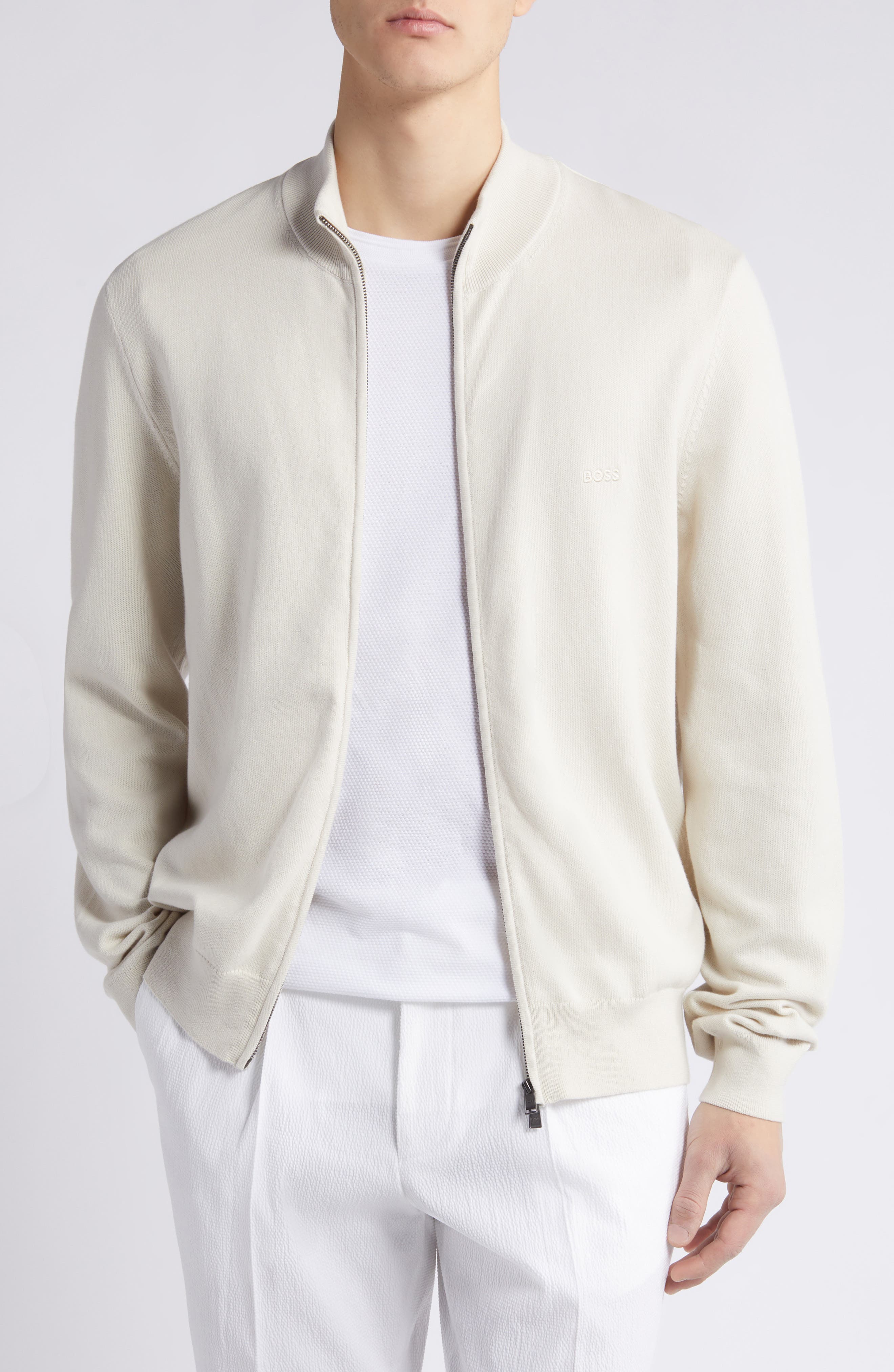 BOSS Palano Cotton Zip-Up Cardigan in Open White 