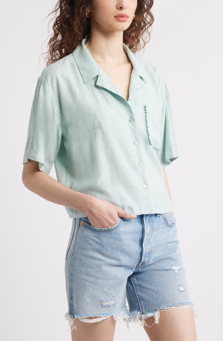 Treasure & Bond Novelty Linen Blend Camp Shirt, Alternate, color, Teal Tide