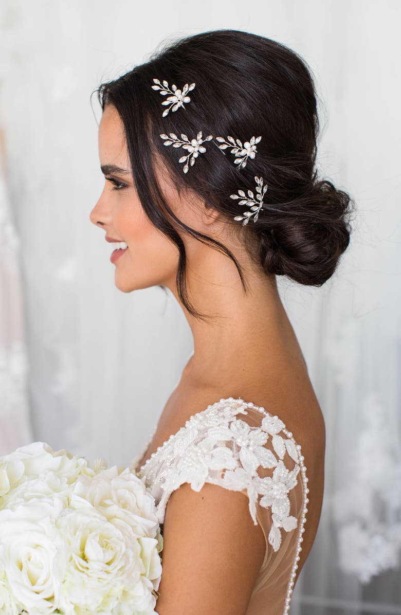 Brides & Hairpins Agapi Set of 4 Pearl & Crystal Hair Pins, Alternate, color, Silver