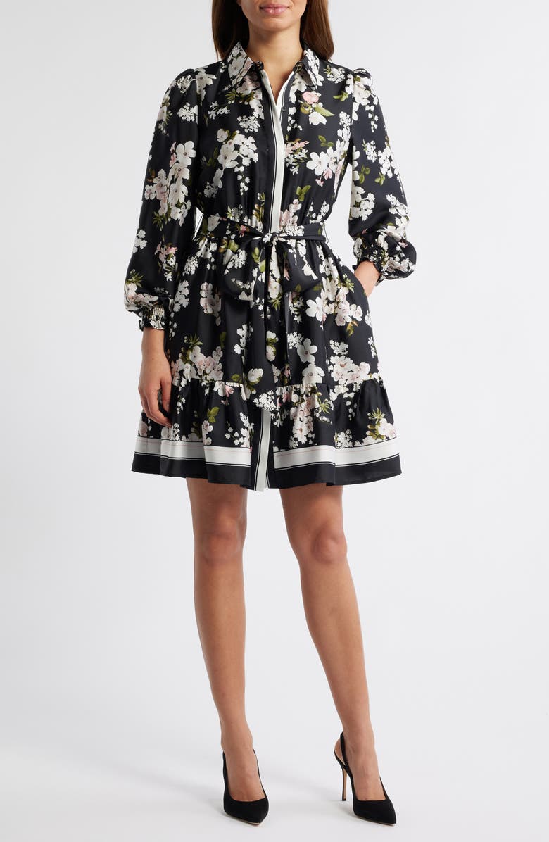 Anne Klein Floral Long Sleeve Shirtdress, Main, color, Anne Black Multi (9Xo)