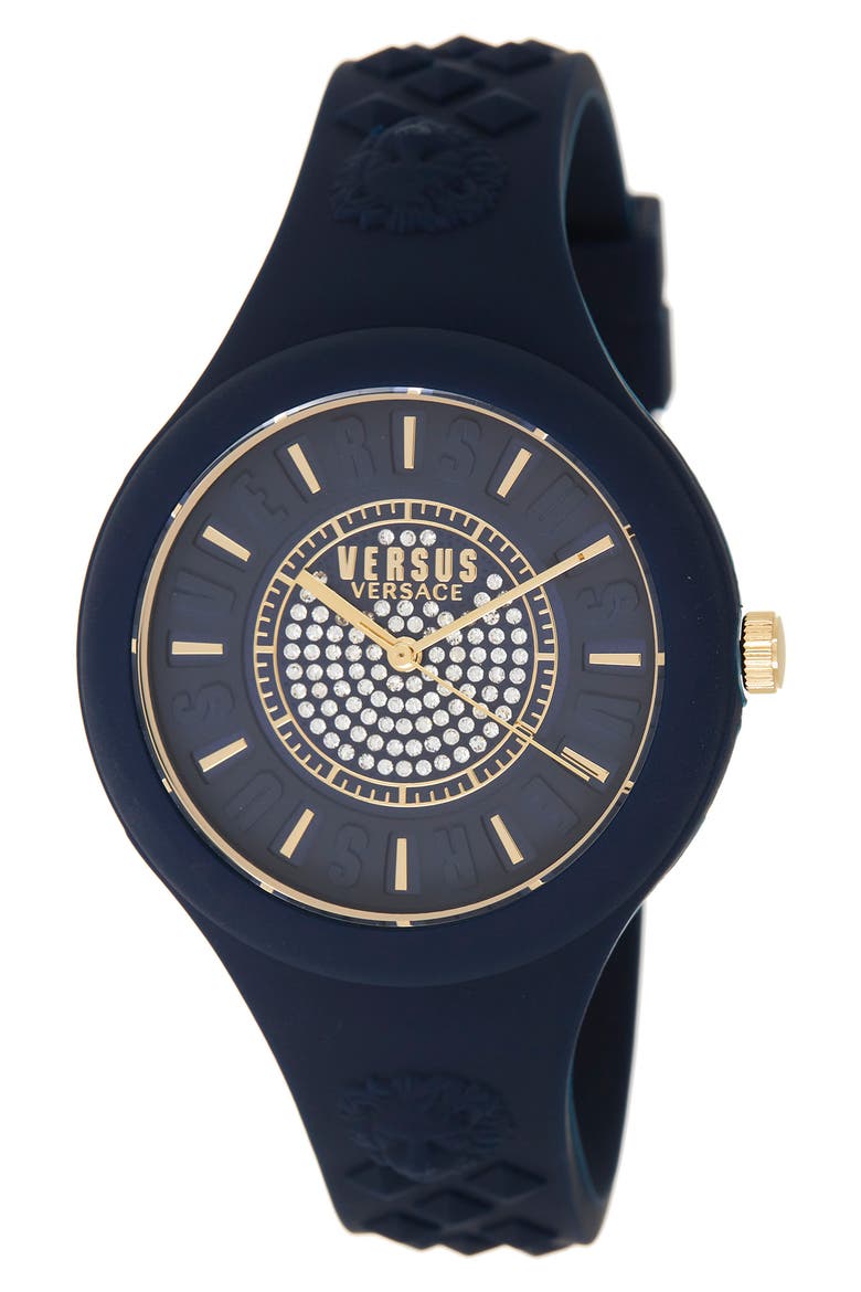 Versace Crystal Pavé Silicone Strap Watch, 39mm & Zip Case, Main, color, BLUE