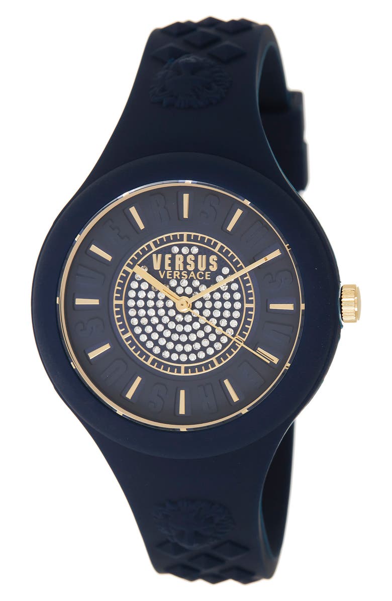 VERSUS Versace Versace Crystal Pavé Silicone Strap Watch, 39mm & Zip Case, Main, color, Blue