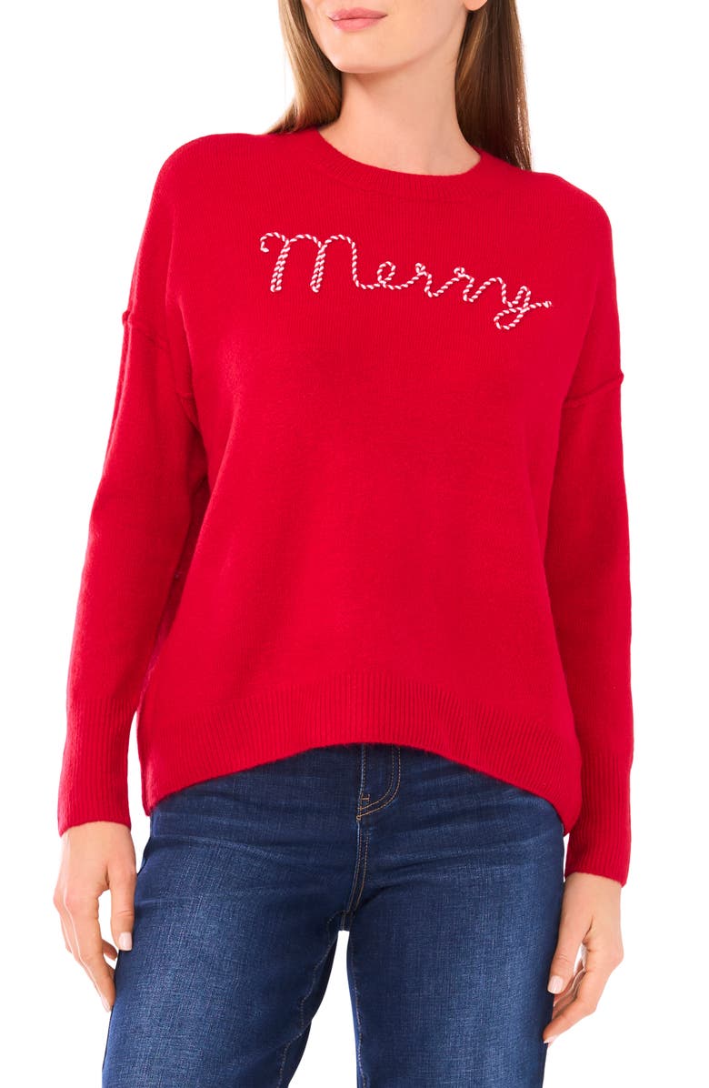 CeCe Holiday Candy Cane Stitch Sweater, Main, color, Glamour Red