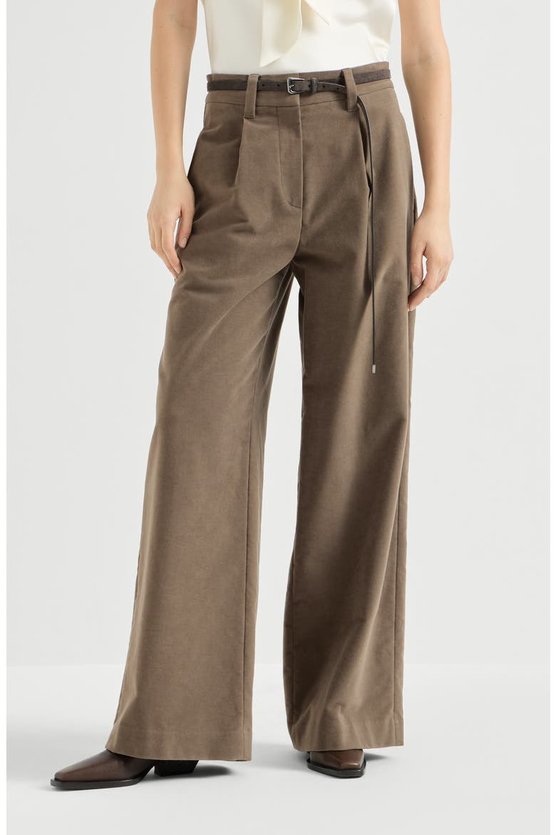 Stretch Cotton Moleskin Loose Tailored Trousers With Monili, Main, color, Brown