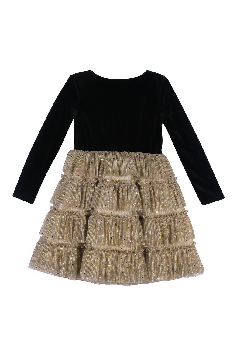Kids' Long Sleeve Plissé Tiered Dress, Alternate, color, GOLD/BLACK
