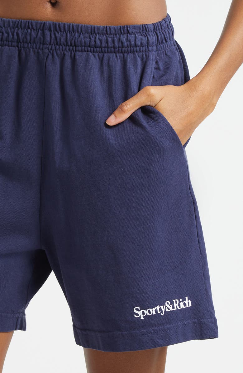 Sporty & Rich Serif Logo Graphic Gym Shorts, Alternate, color, Dark Navy