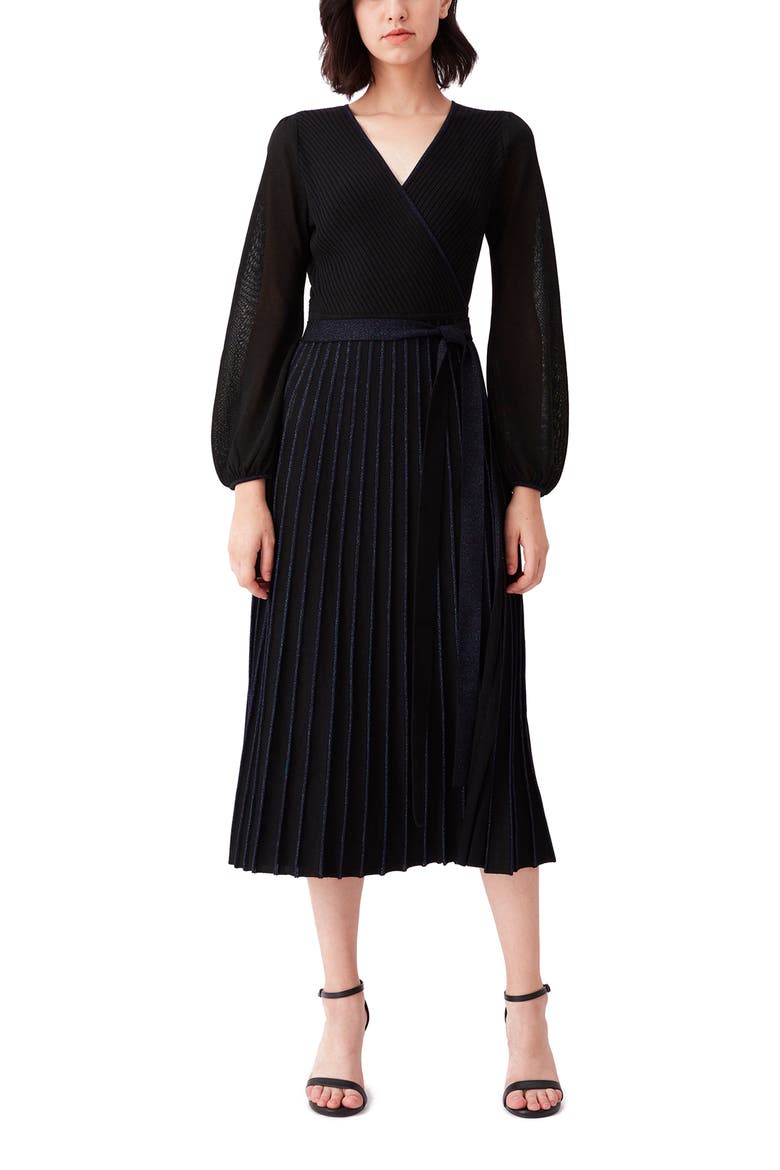 Shelley Sparkle Ribbed Long Sleeve Wrap Dress, Main, color, BLACK