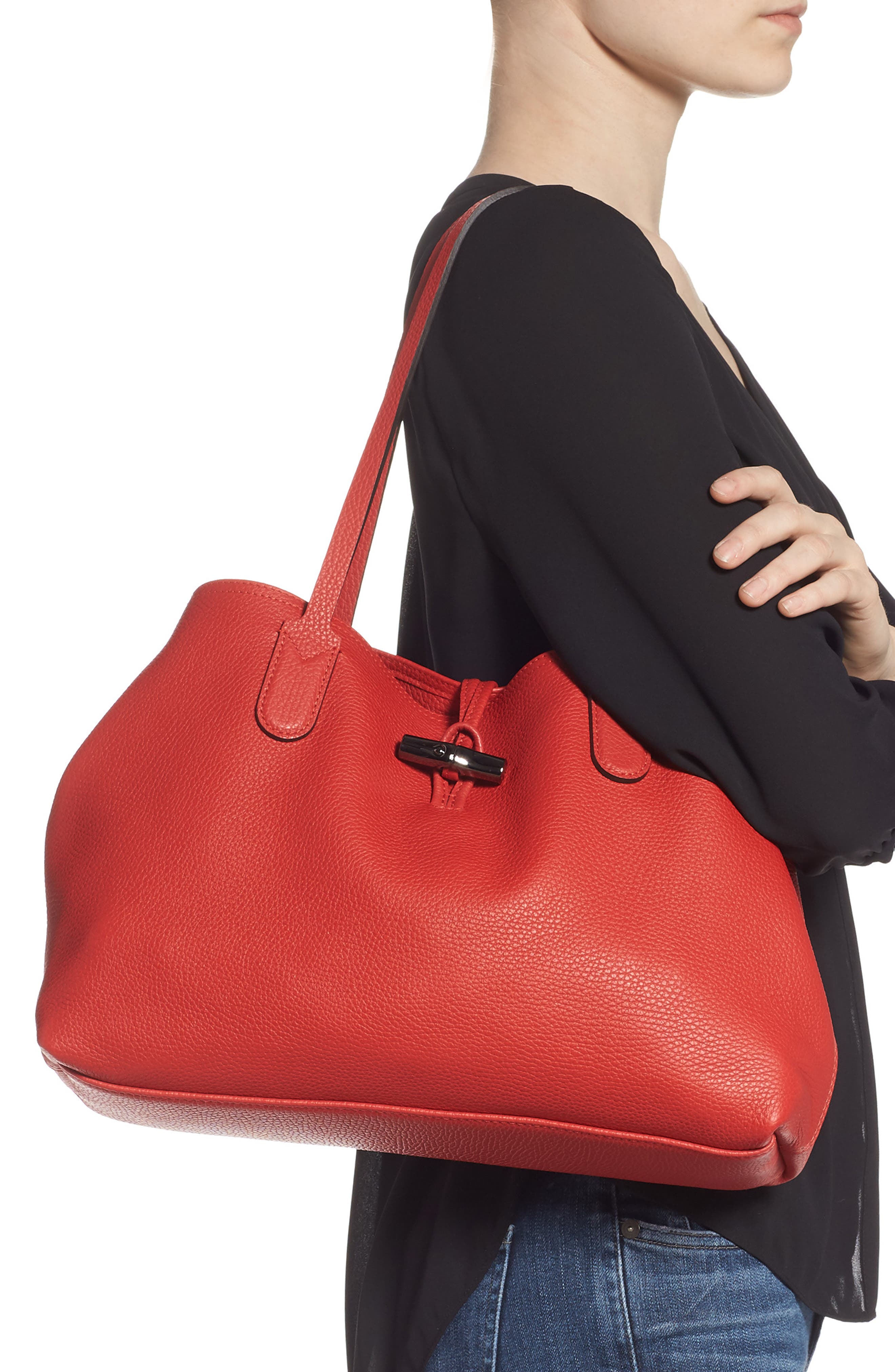 Longchamp Roseau Essential Mid Leather Tote, Alternate, color, Red
