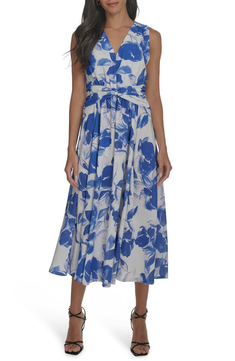 Calvin Klein Floral Knot Front Gauze Midi Dress, Main, color, 