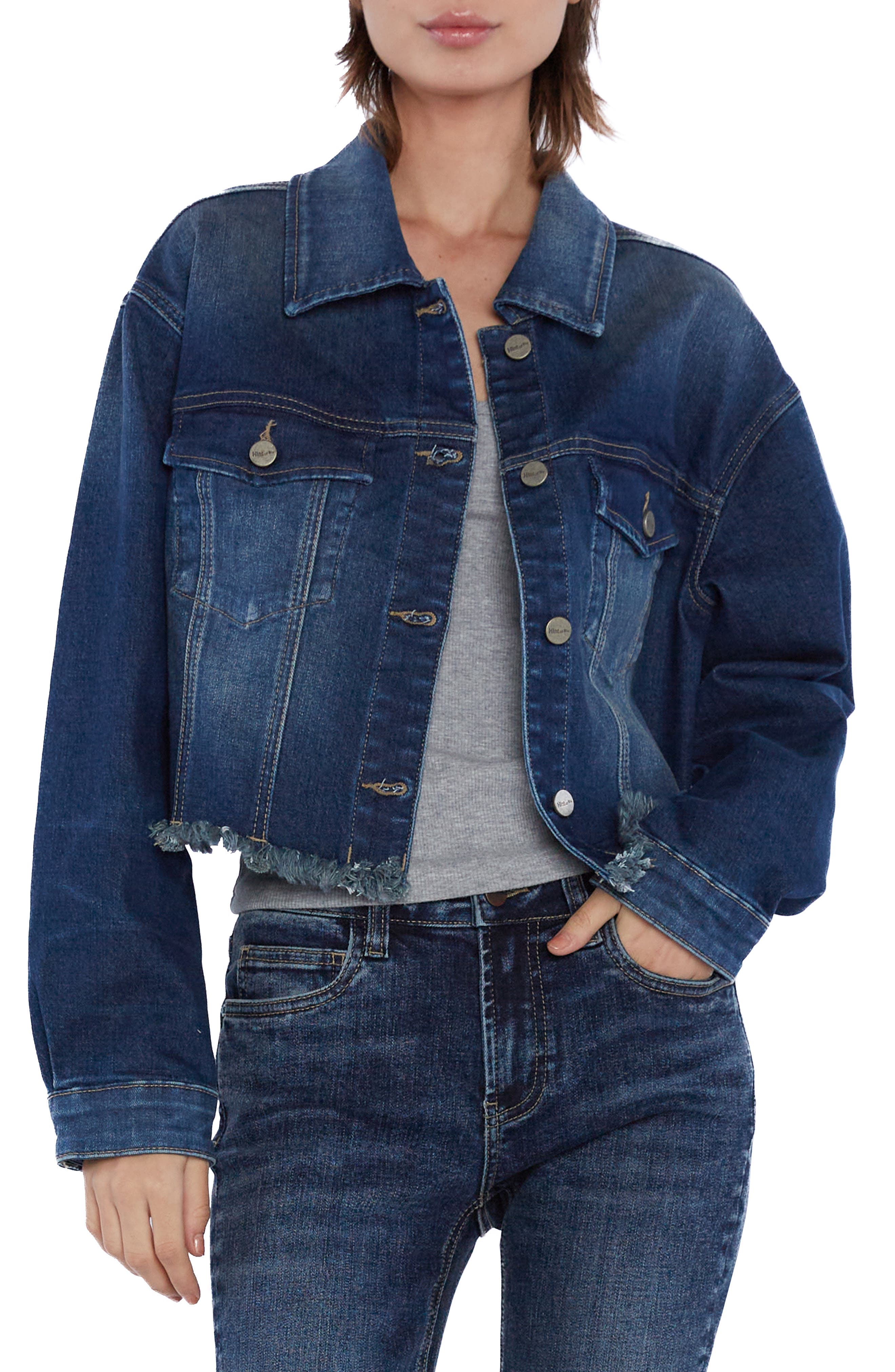 HINT OF BLU Frayed Crop Denim Jacket in Porto Blue 