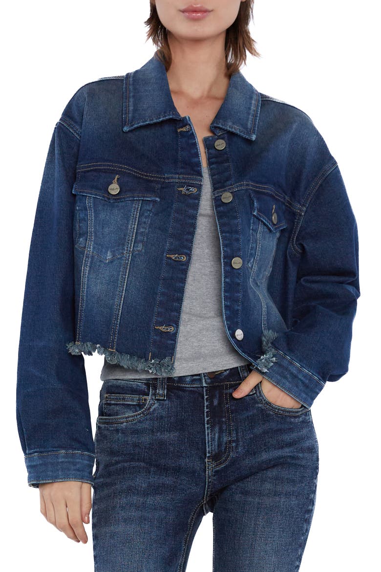 Frayed Crop Denim Jacket, Main, color, PORTO BLUE