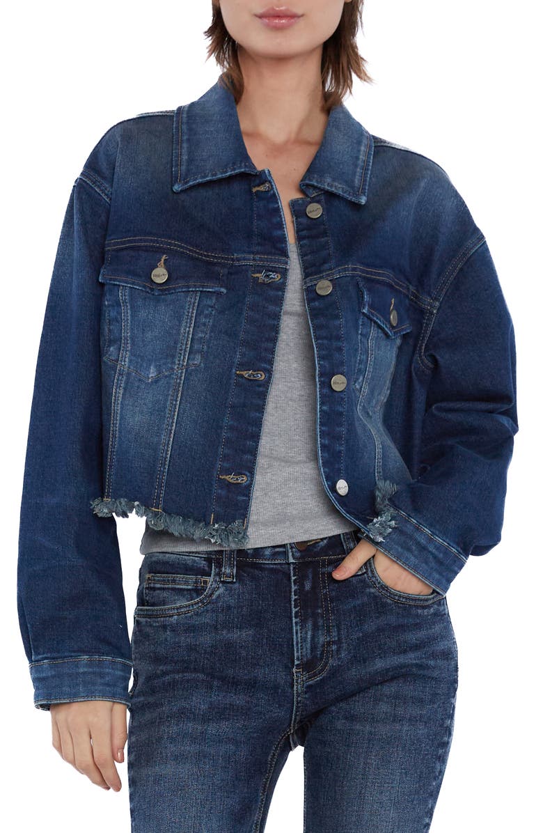 HINT OF BLU Frayed Crop Denim Jacket, Main, color, Porto Blue