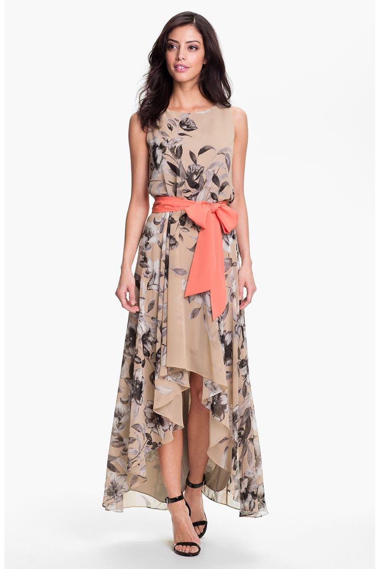 Print High/Low Chiffon Maxi Dress, Main, color, TAUPE PRINT