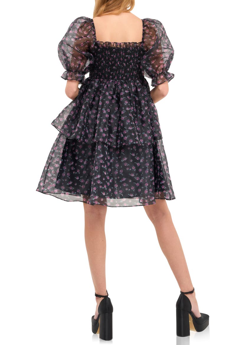 Floral Shirred Puff Sleeve Organza Dress, Alternate, color, BLACK NAVY