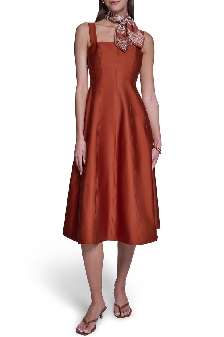 Fit and Flare Midi Dress with Scarf, Alternate, color, COGNAC