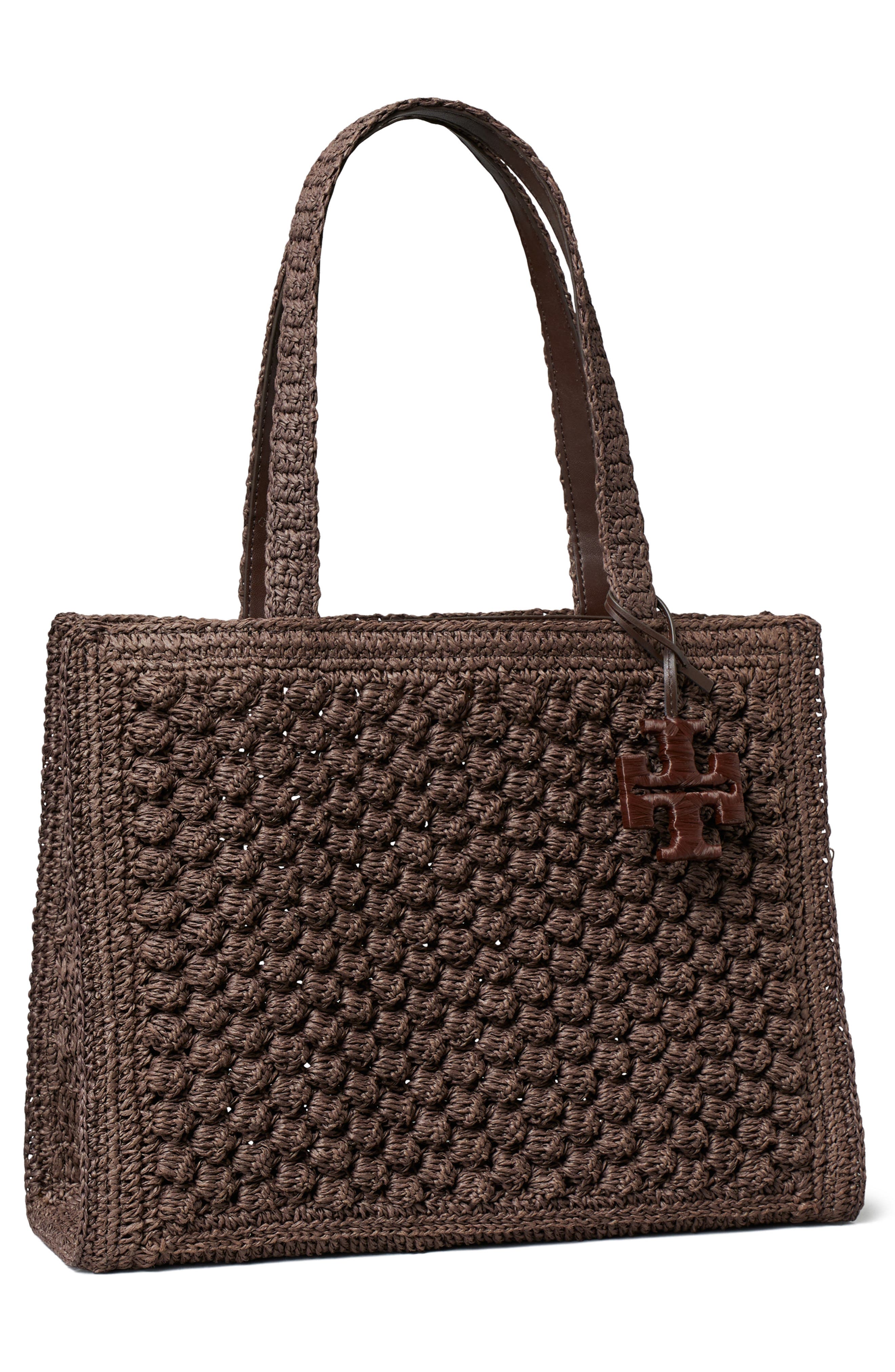 Tory Burch Ella Hand Crochet Straw Bag, Alternate, color, Dark Cocoa