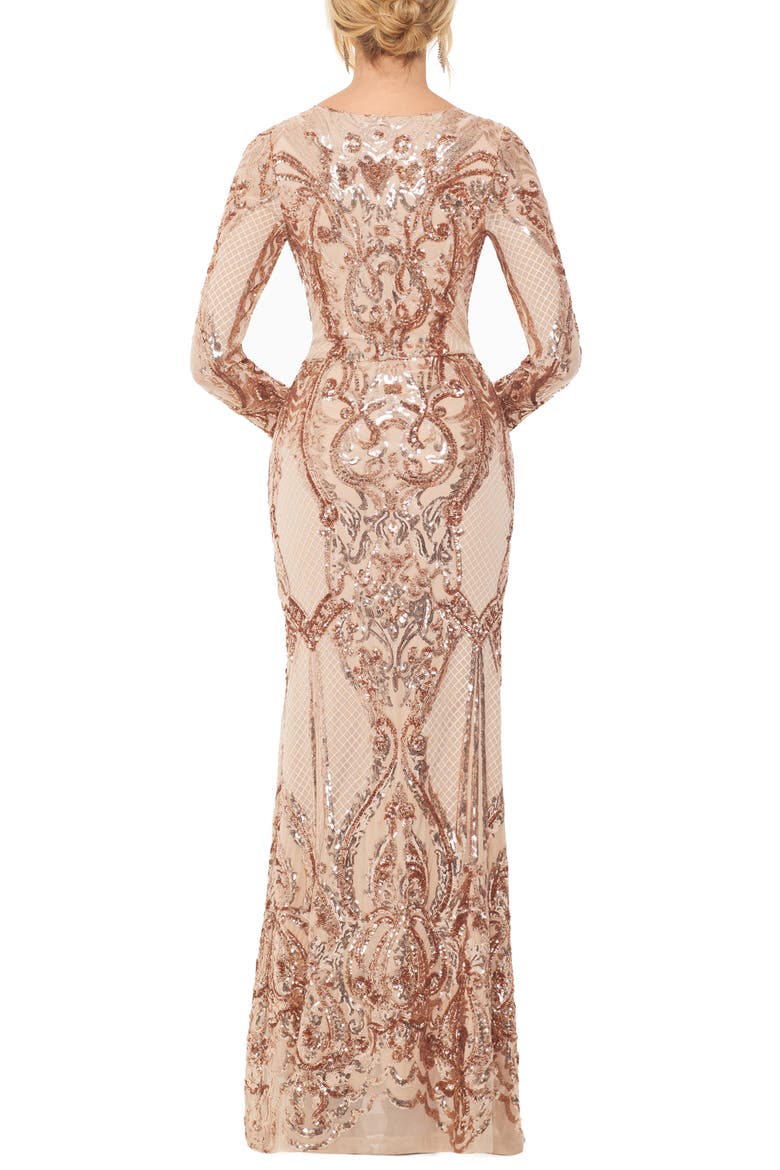 Sequin Long Sleeve Column Gown, Alternate, color, CHAMPAGNE