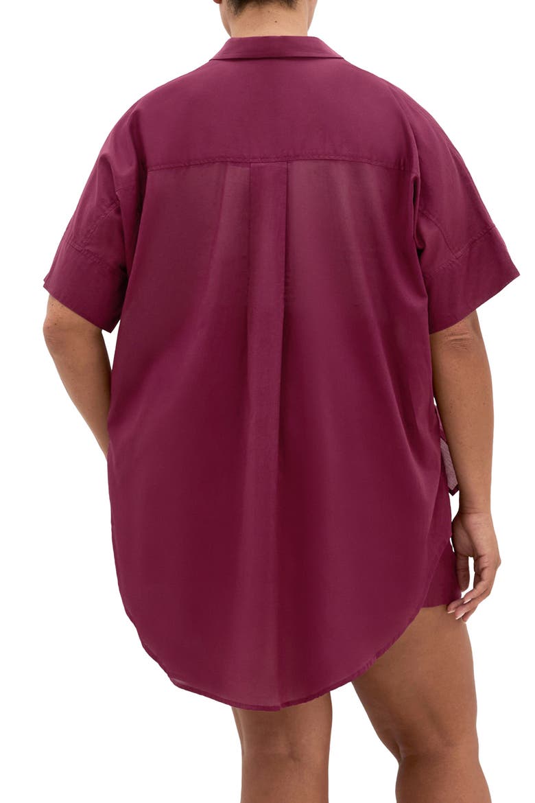 Oversize Longline Cotton Button-Up Shirt, Alternate, color, POMEGRANATE
