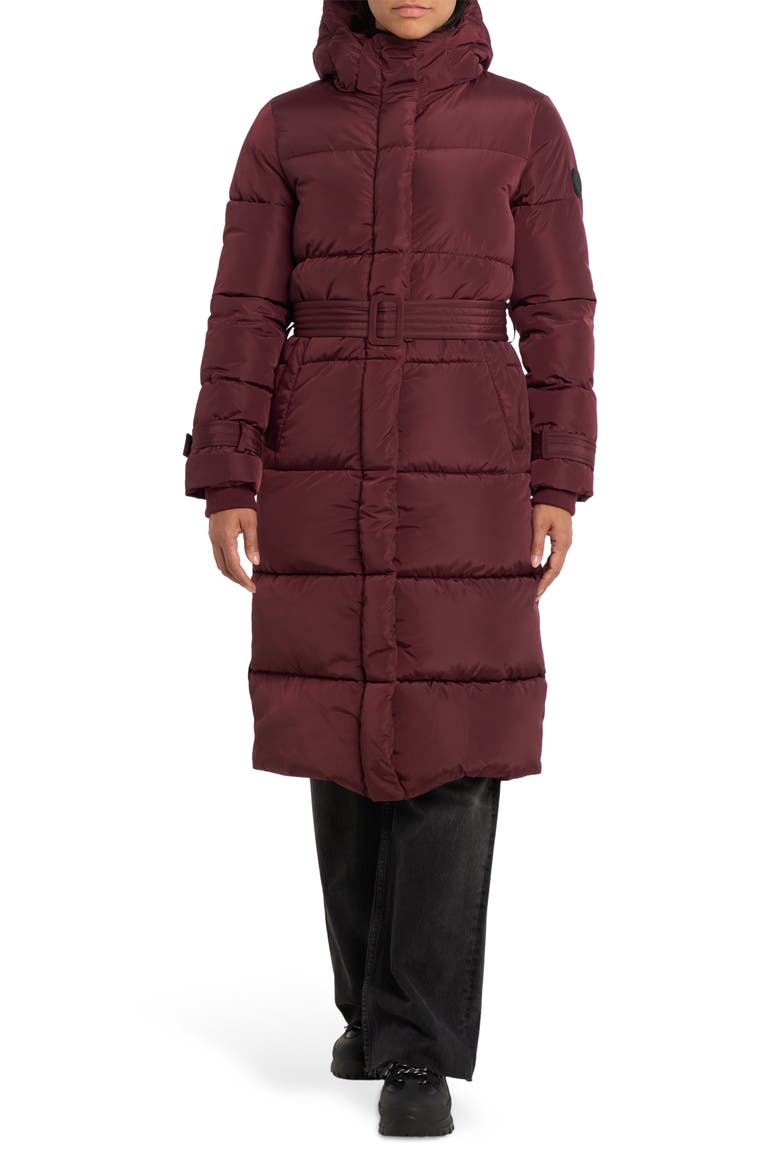 Mara Belted Maxi Puffer Coat with Removable Hood, Main, color, CHERRY